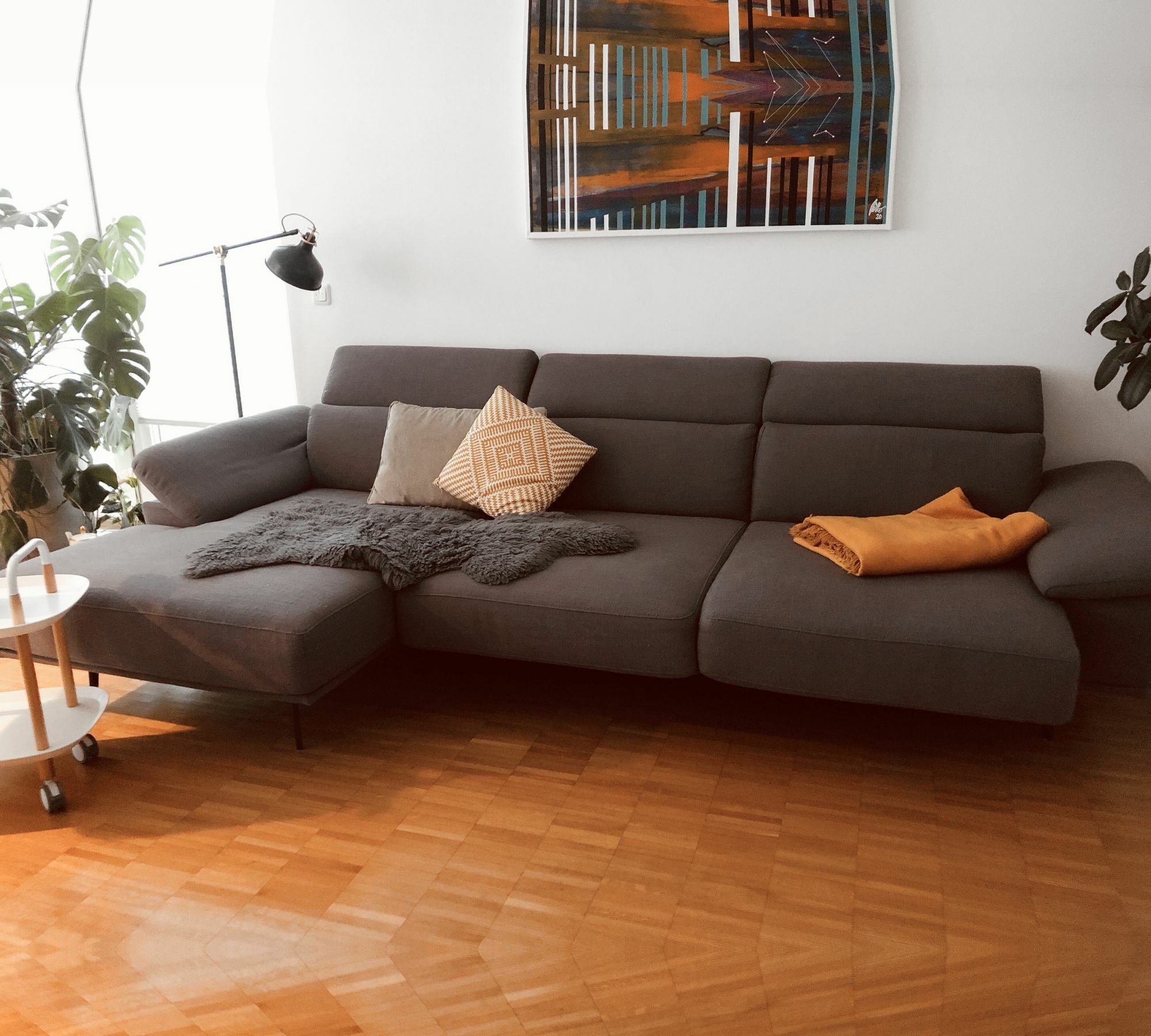 Sofa Récamiere Links mit Hocker Webstoff Metall Grau 0