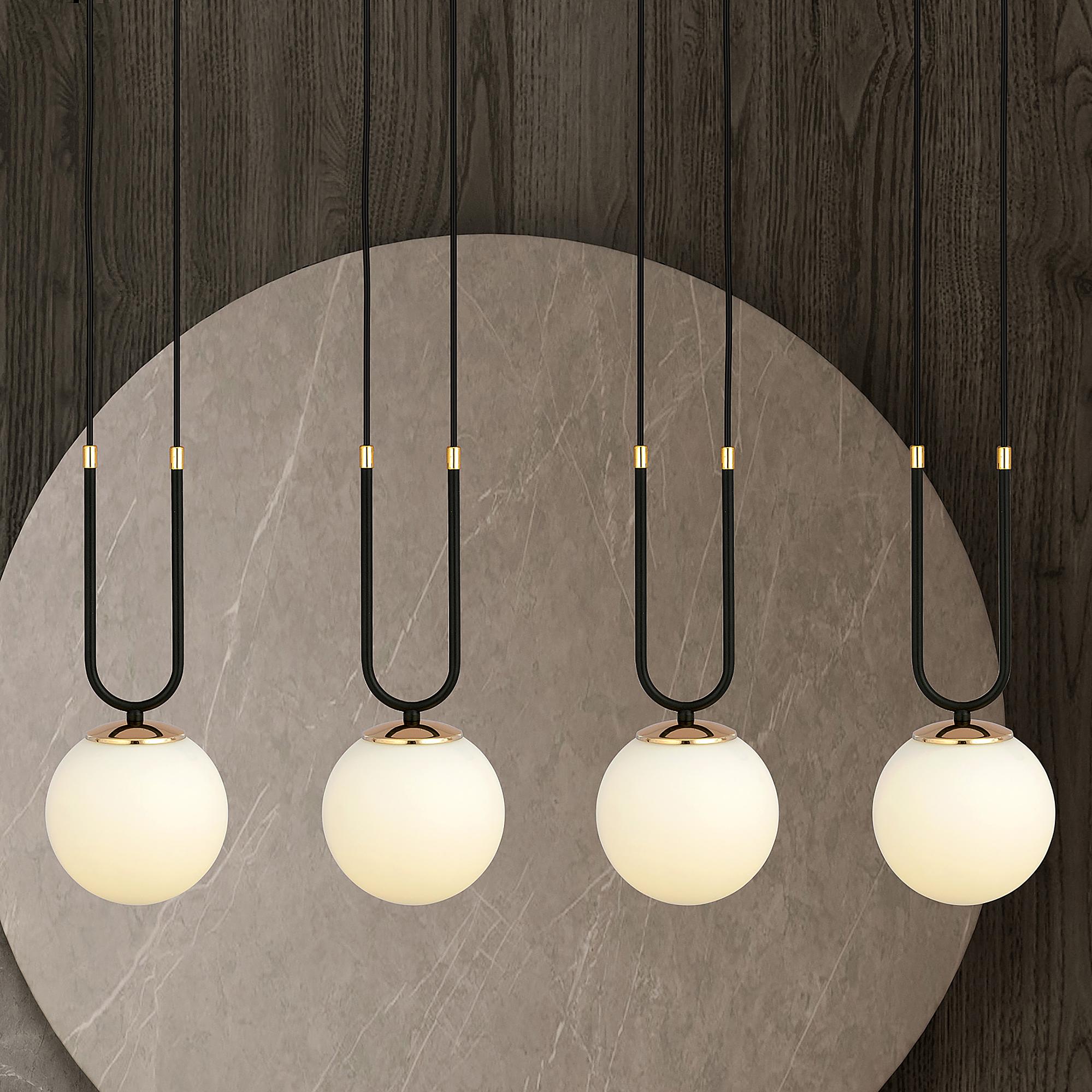 4-Flammig Glam Pendelleuchte Stahl Opalglas Schwarz Weiß 1