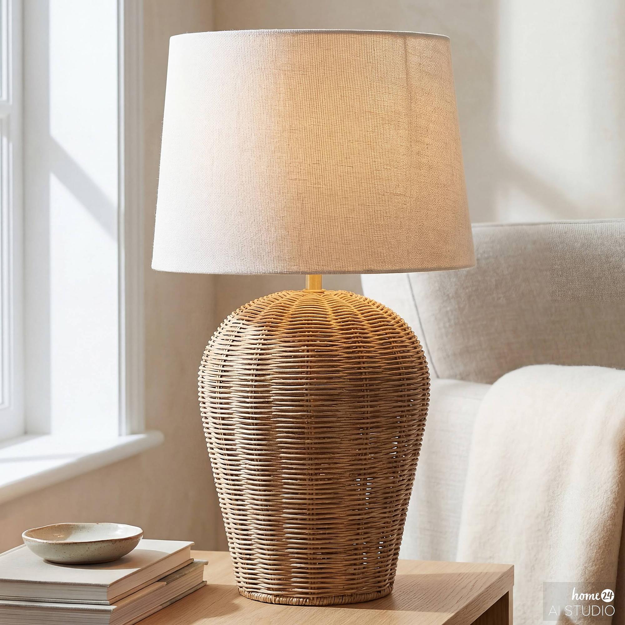 Basra Tischleuchte 1-flammig Leinen Rattan 1