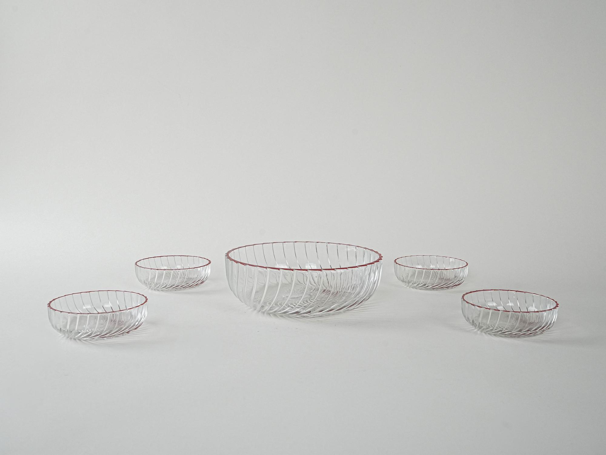 Glass bowls set 5-piece Transparent Red 1970s 2