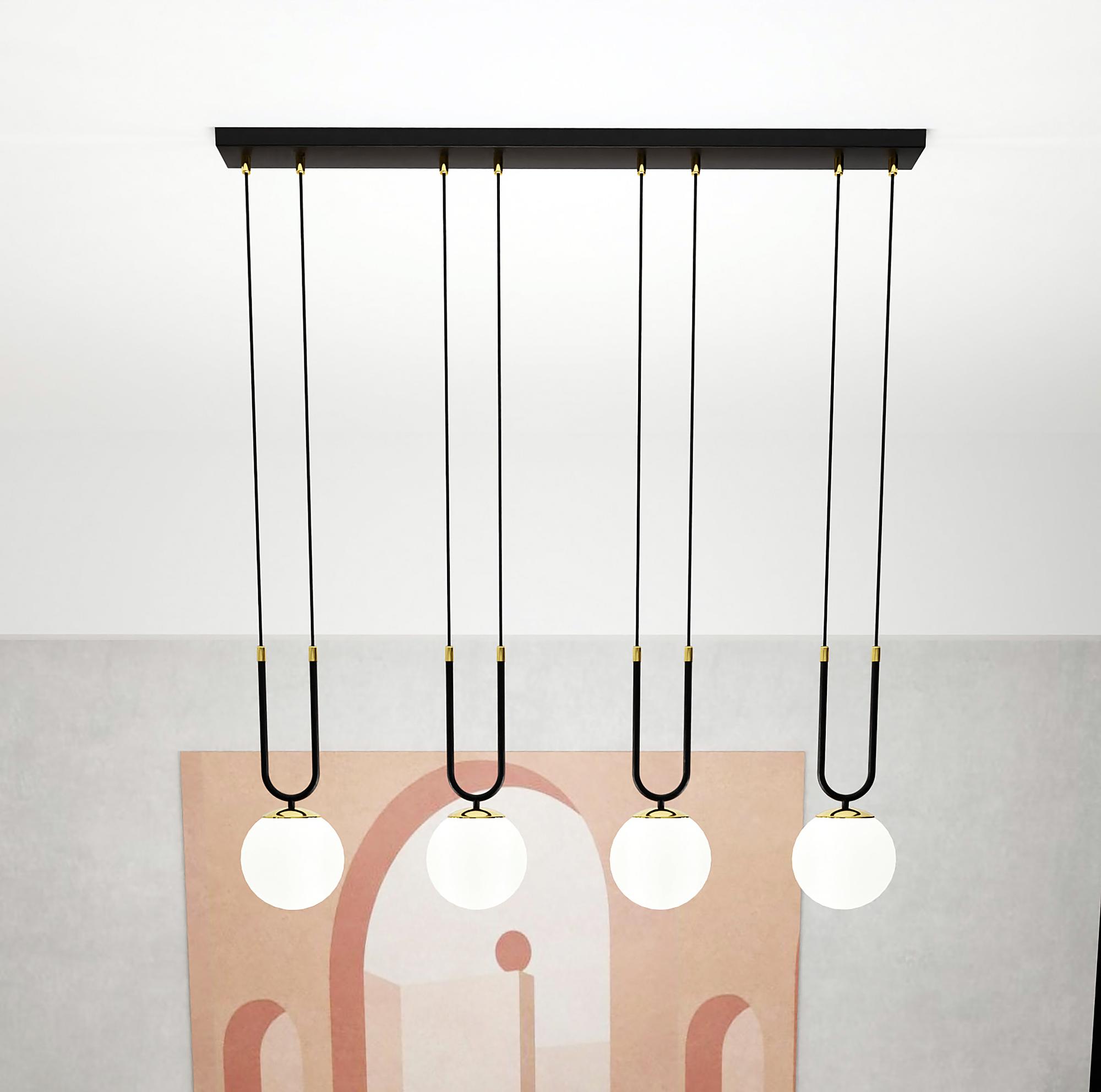 4-Flammig Glam Pendelleuchte Stahl Opalglas Schwarz Weiß 4