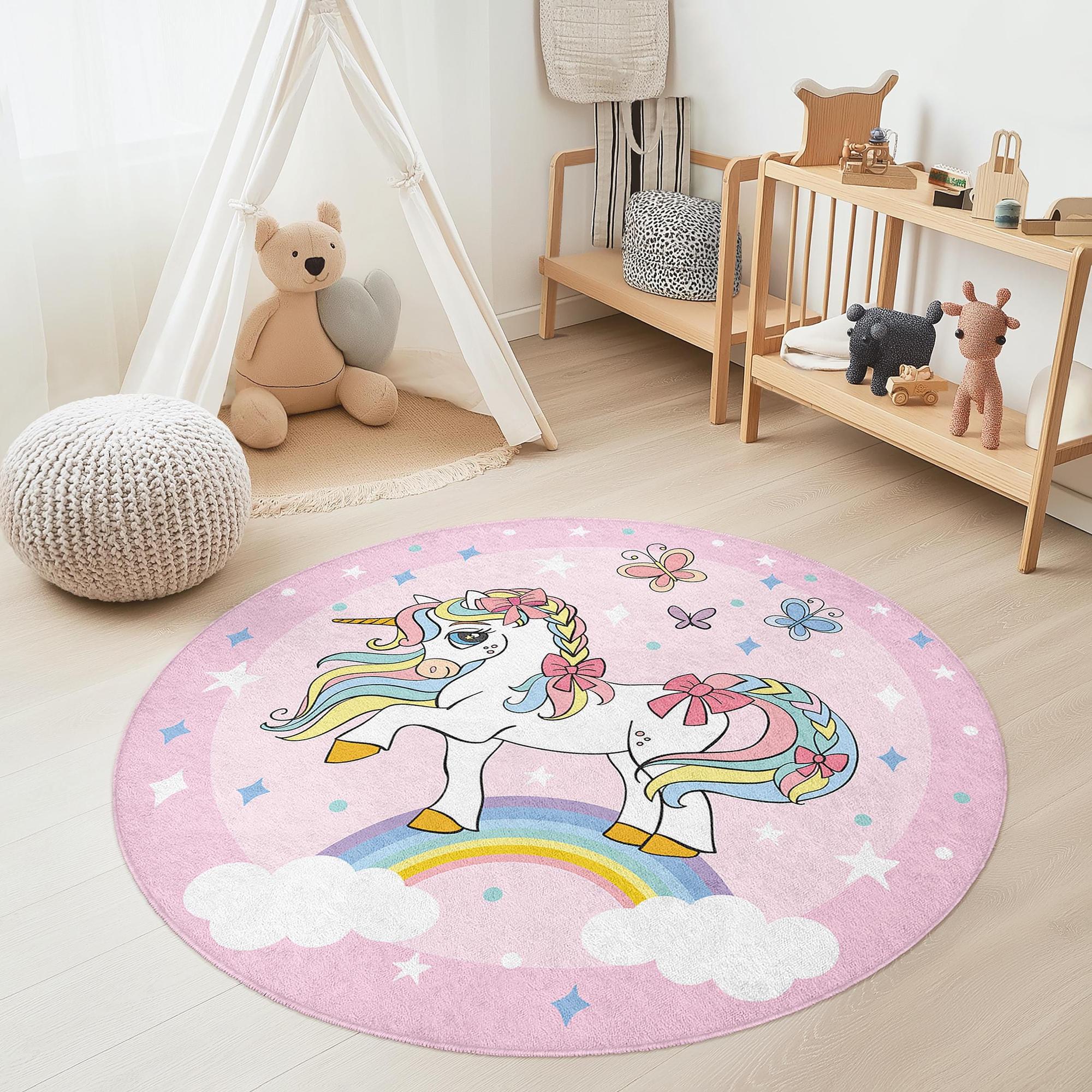 Einhorn-Kinderteppich Mehrfarbig Ø120cm 3