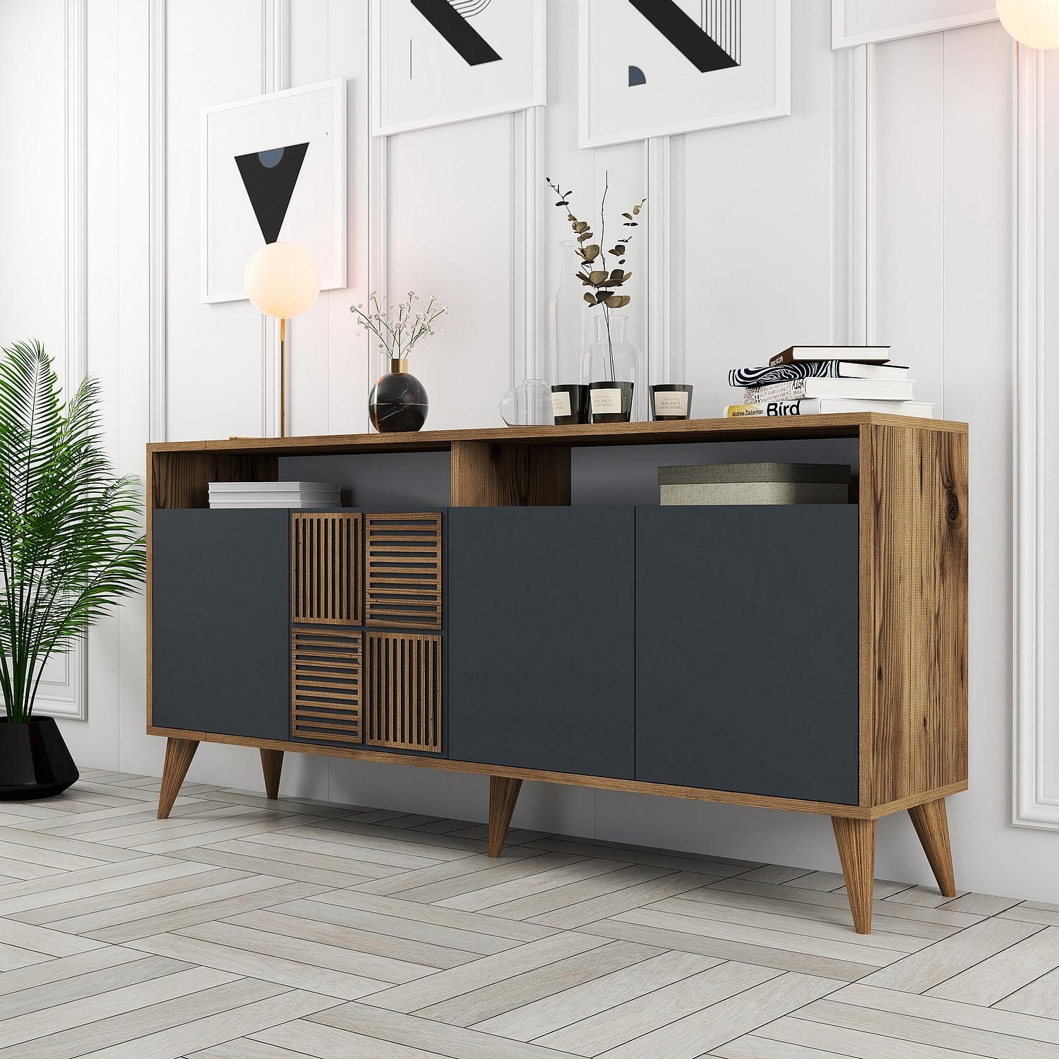 Milan Sideboard Walnussbraun Anthrazit 160cm 1