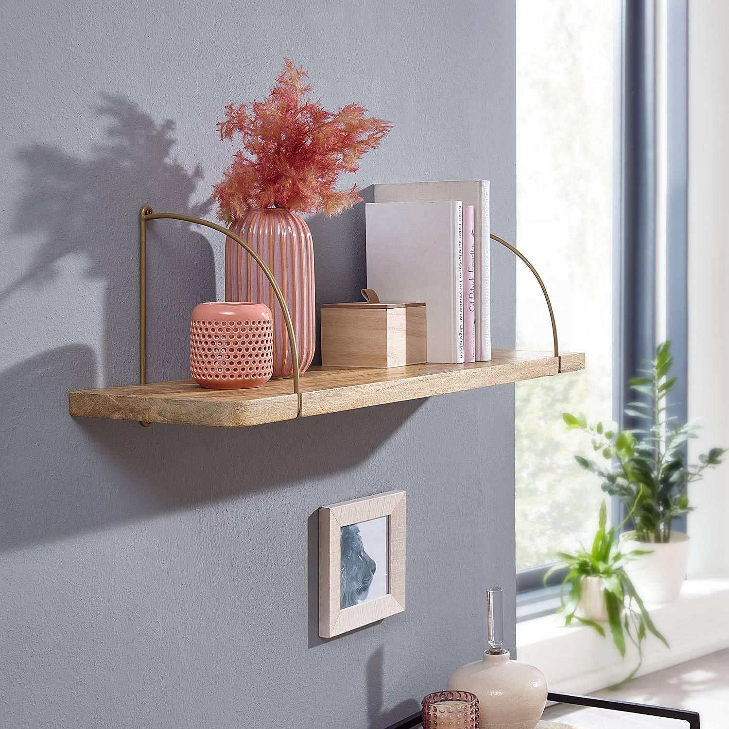 Fusine Wall Shelf Mango Wood Solid Iron Brown Gold 2