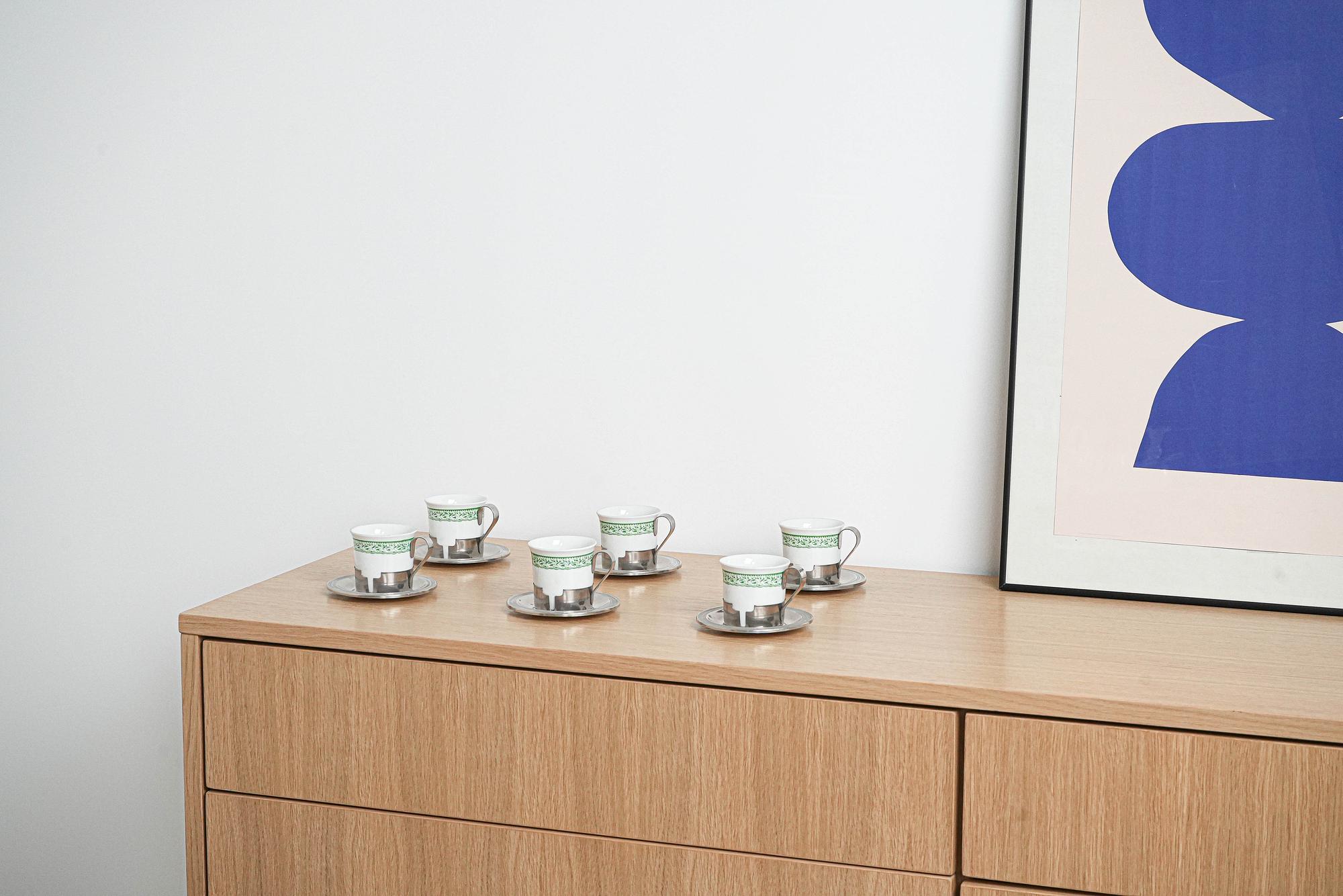 Espressotassen-Set Porzellan Silber Weiß 1980er Jahre 1