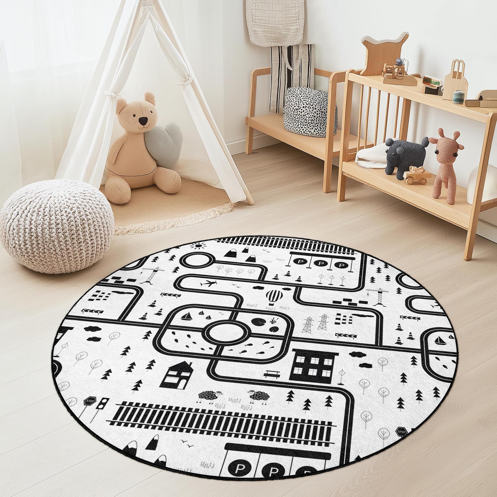 Road map Children's rug Black White Ø180cm 3