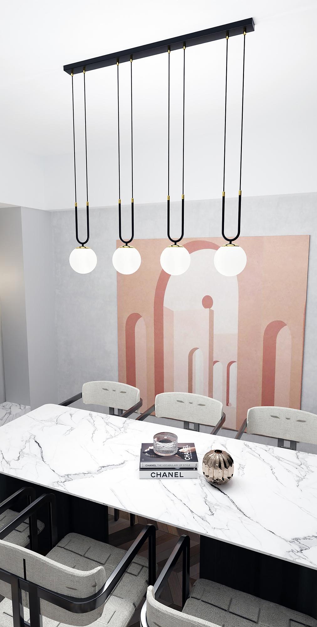 4-Flammig Glam Pendelleuchte Stahl Opalglas Schwarz Weiß 3