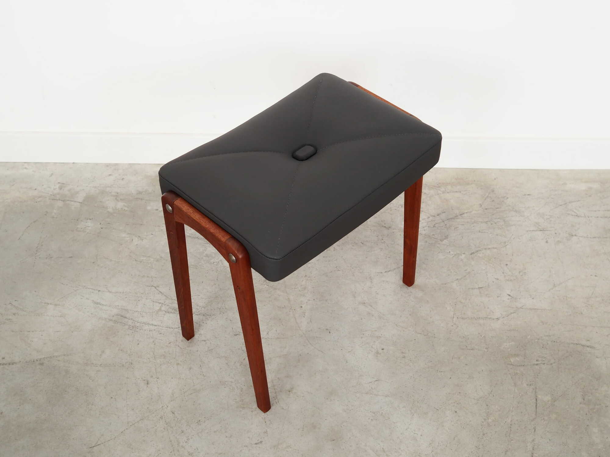Vintage stool Teak wood Leather Black 1970s 4