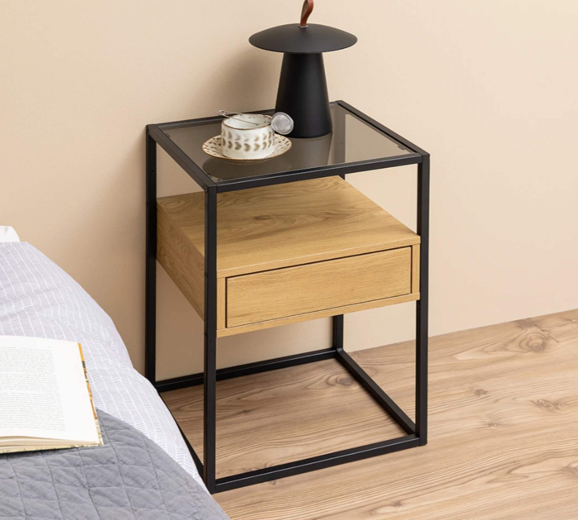 Nachtkommode Rauchglas Metall Wildeiche Dekor 0