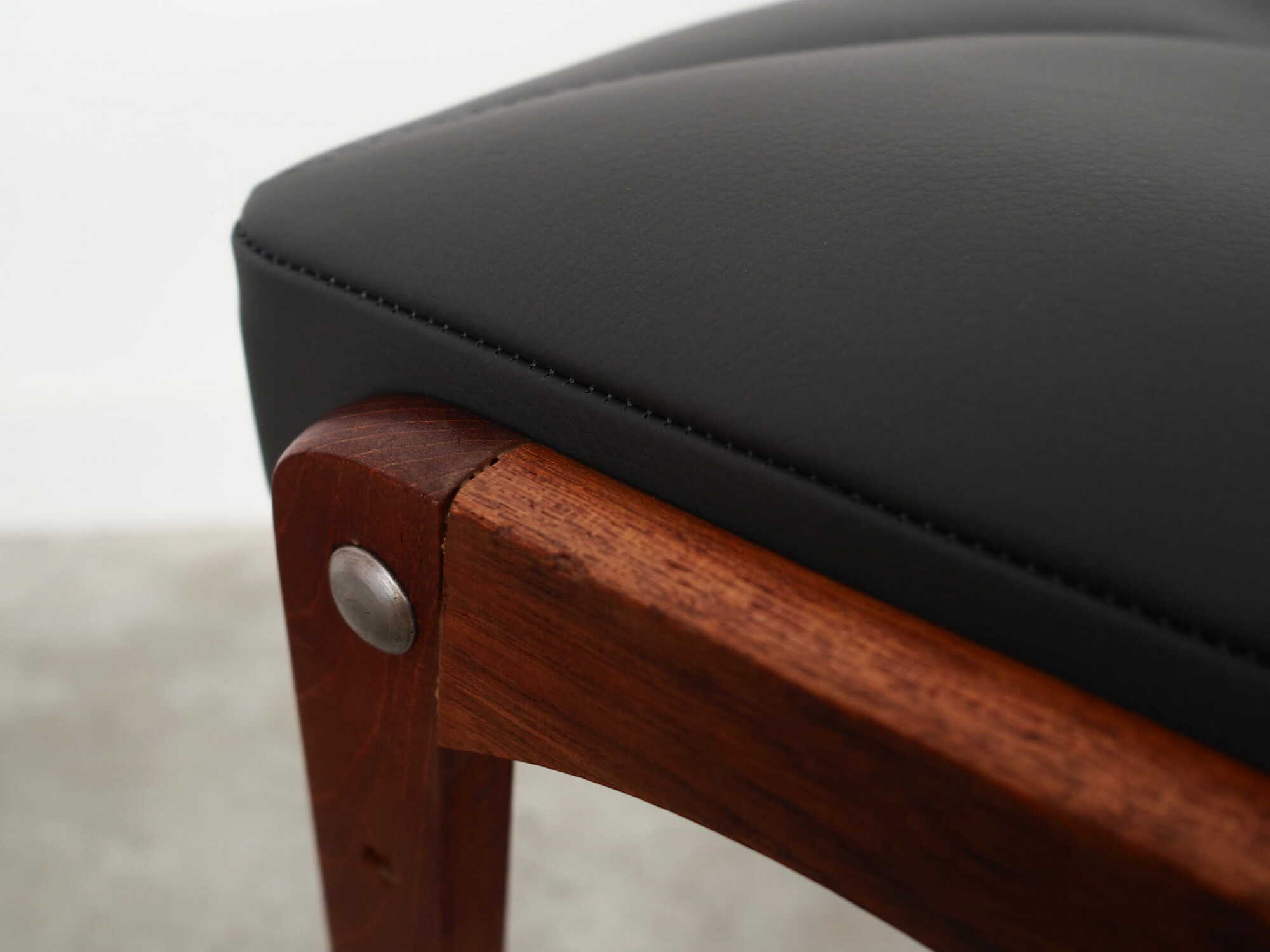 Vintage stool Teak wood Leather Black 1970s 6