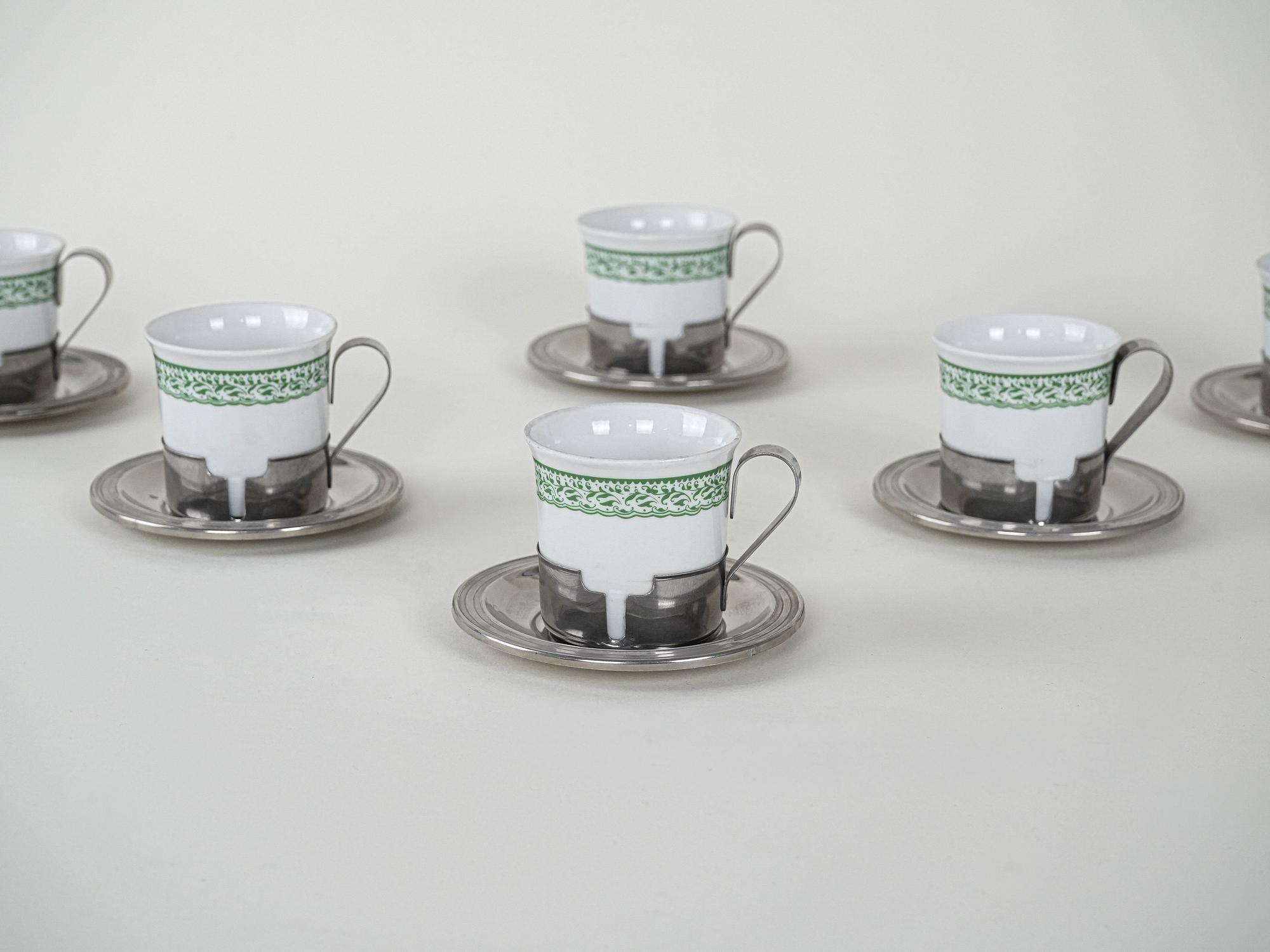 Espressotassen-Set Porzellan Silber Weiß 1980er Jahre 3