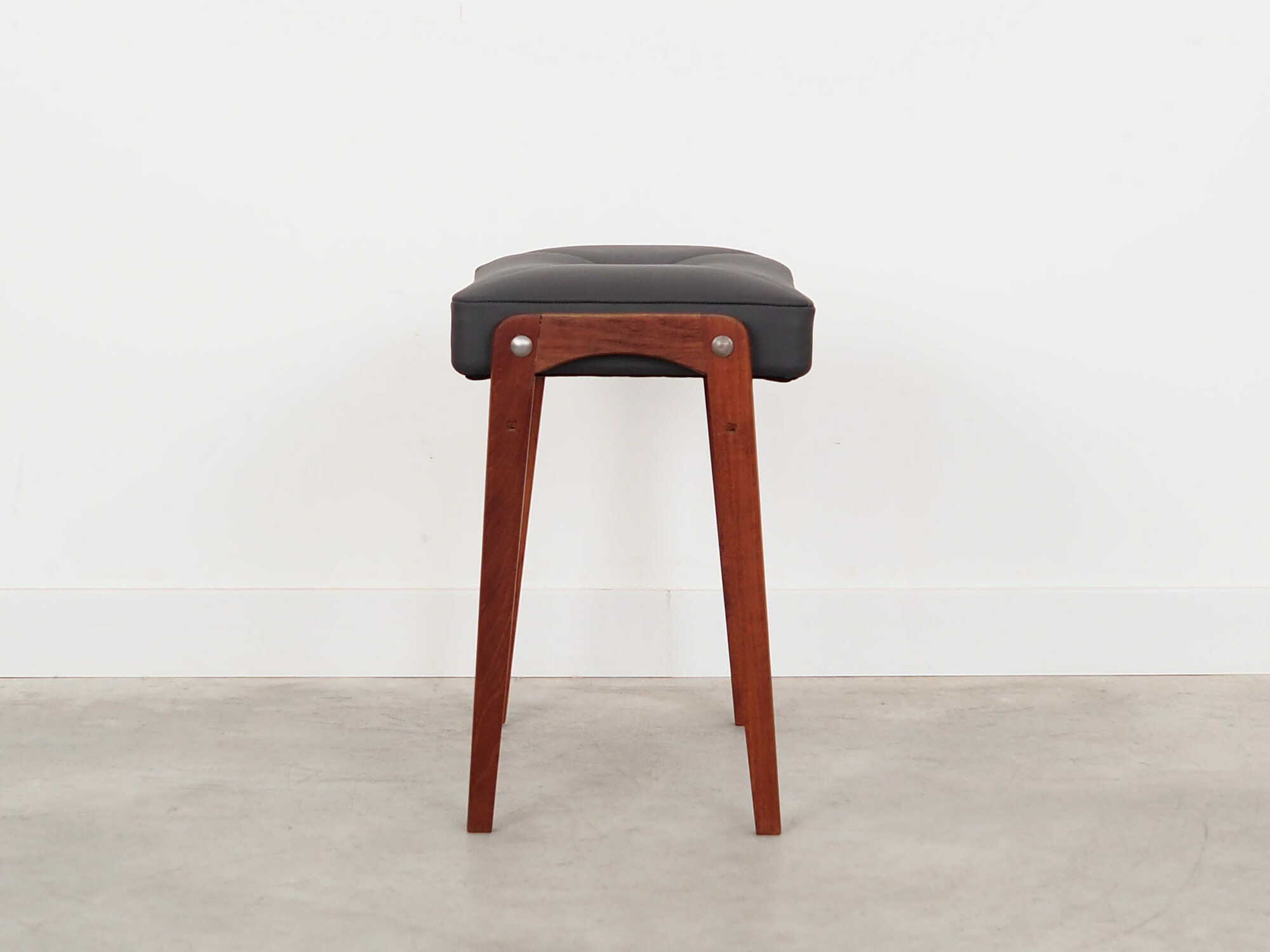 Vintage stool Teak wood Leather Black 1970s 2