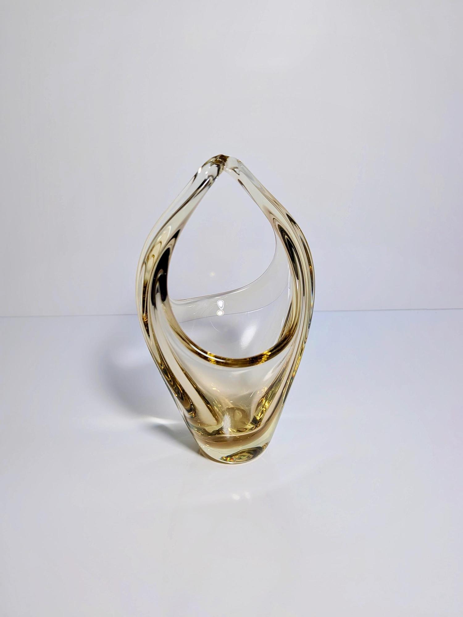 Vintage wicker bowl glass Bohemia yellow 1960s 1