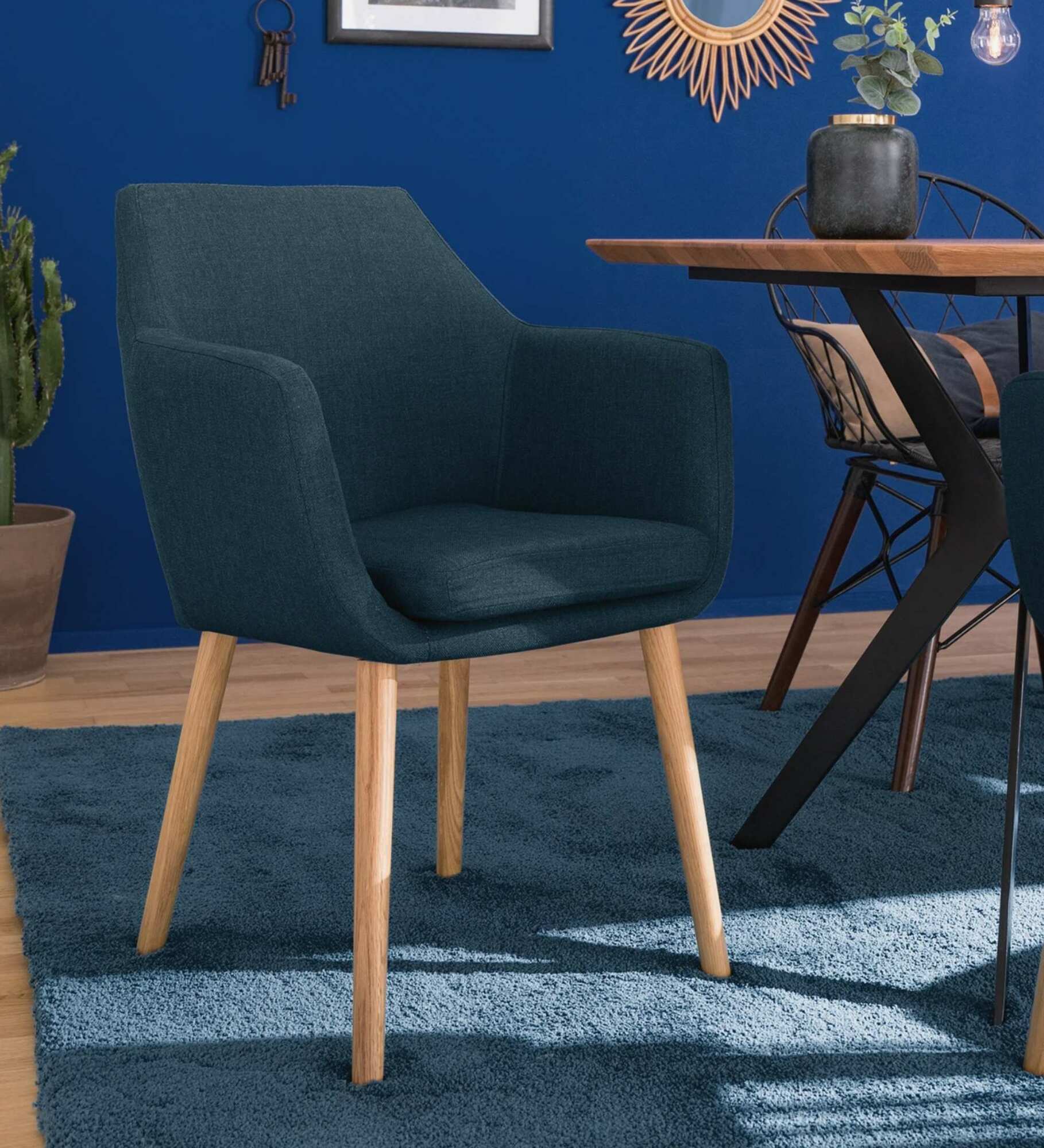 Armlehnstuhl Eiche Massiv Webstoff Jeansblau 0