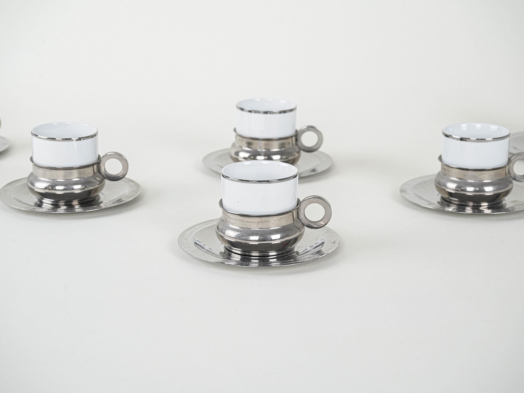 Porzellantassen-Set Silber Weiß 1980er Jahre 4