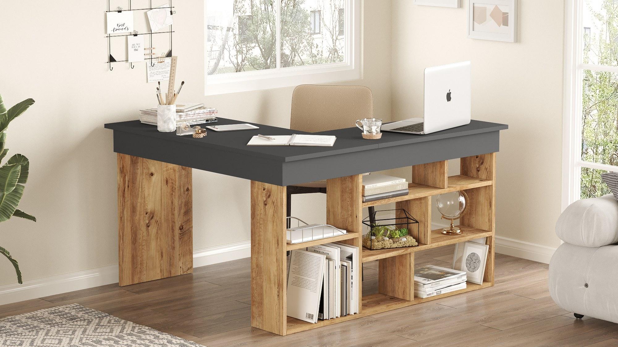 Corner desk with shelf Brown Black 4