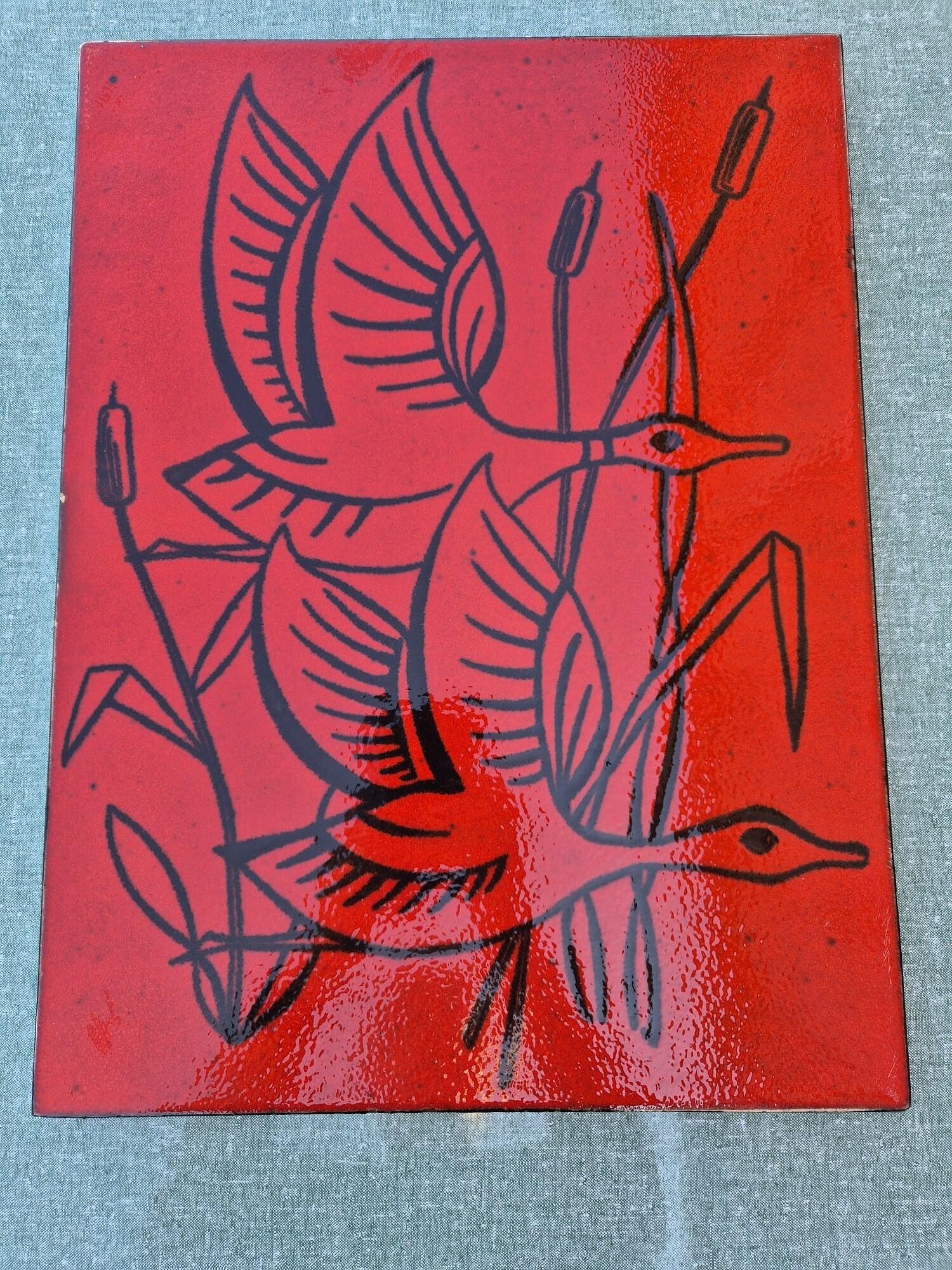 Vintage Wandfliese Keramik Ente Rot Schwarz 2