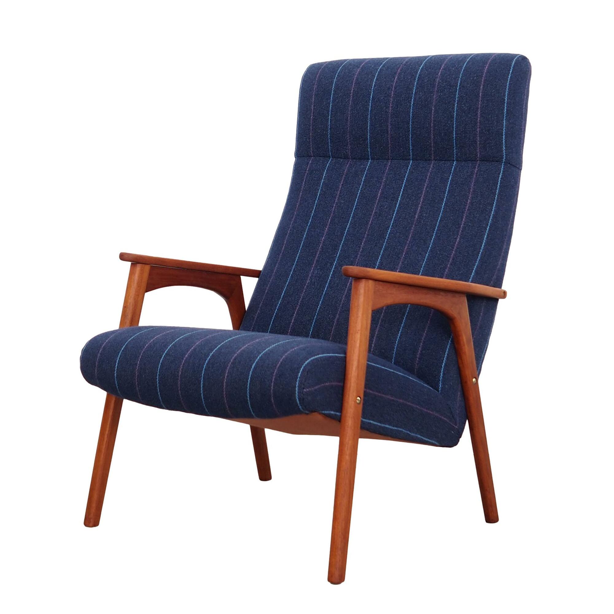 Vintage Stuhl Teakholz Wolle Blau 1970er Jahre 0