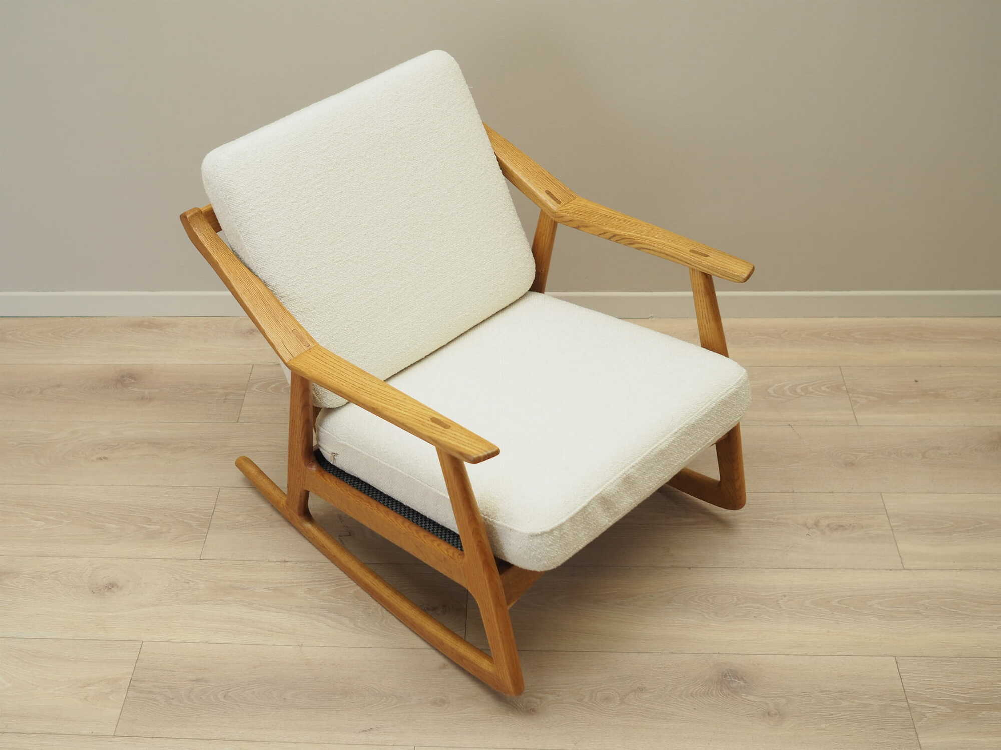 Vintage rocking chair oak wood textile cream 1960s 7
