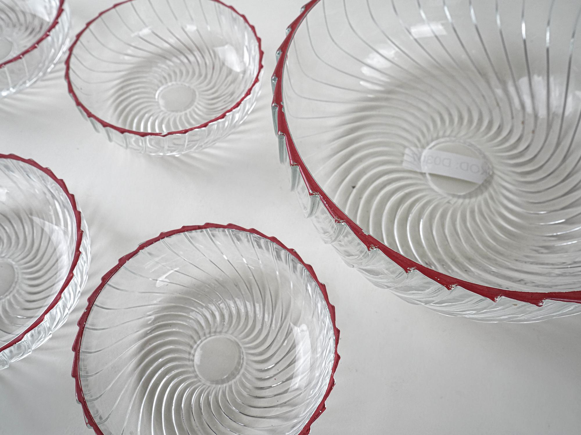 Glasschalen-Set 5-Teilig Transparent Rot 1970er Jahre 4