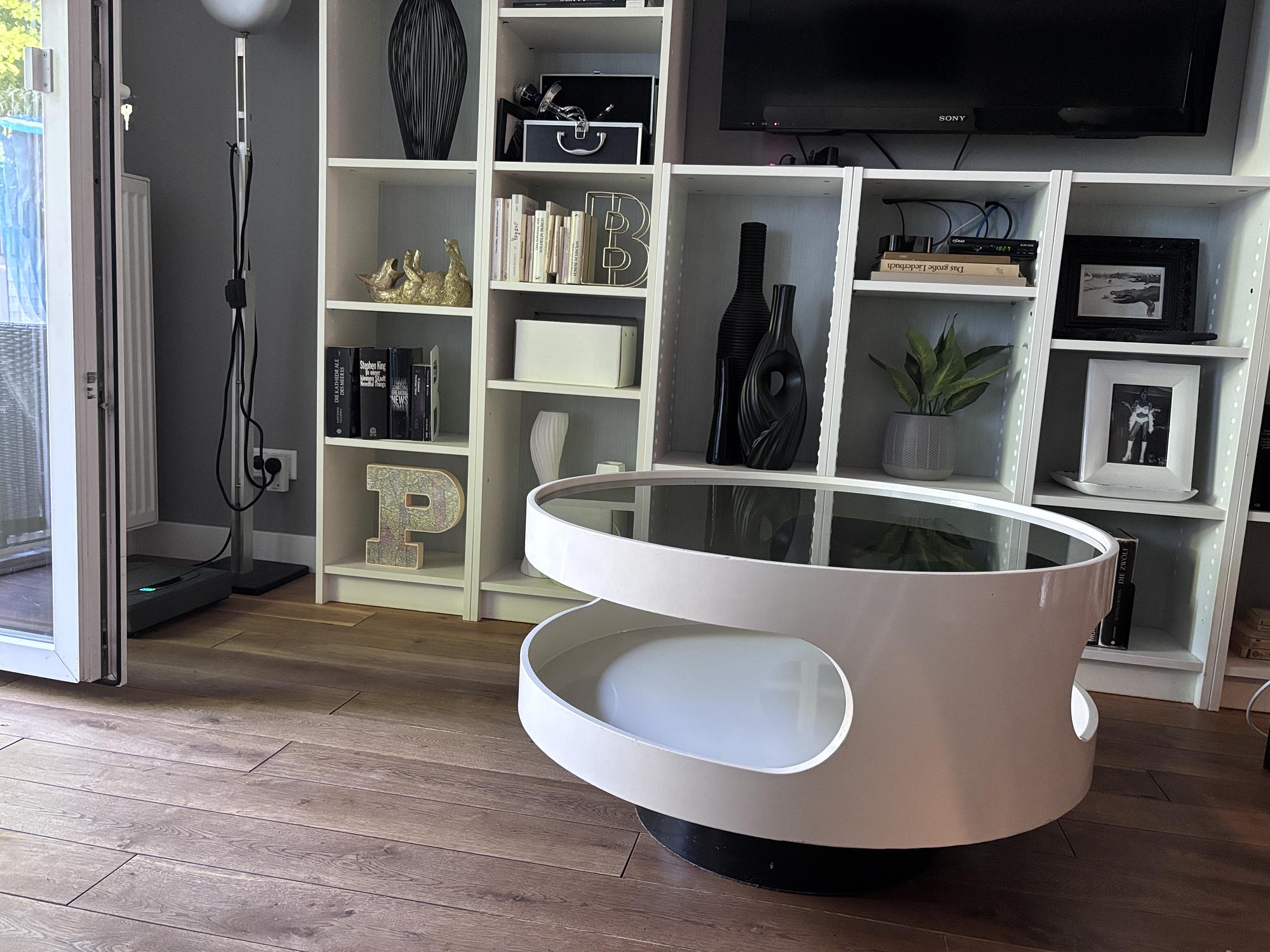 Vintage Space Age Runder Couchtisch Glas Weiß 80cm 1