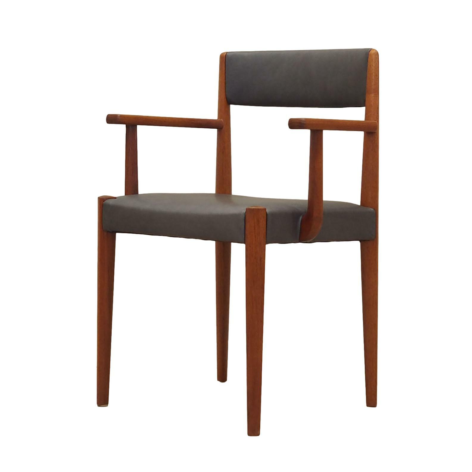 Vintage Stuhl Teakholz Leder Grau 1970er Jahre  0
