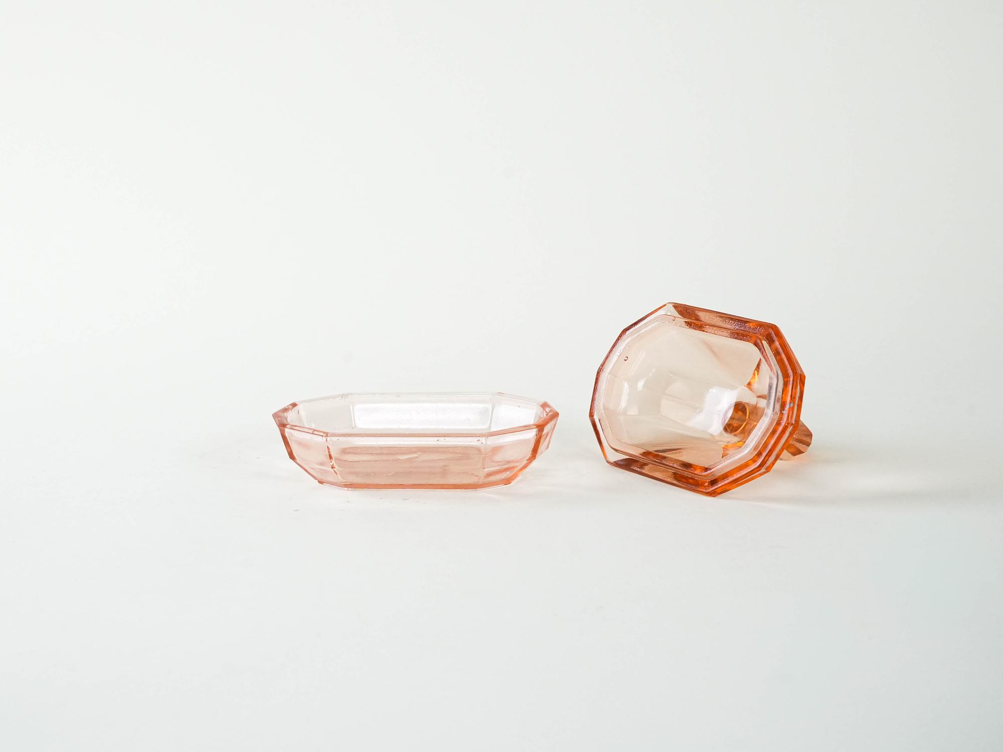 Art deco Butter dish Glass Pink 1930s 3