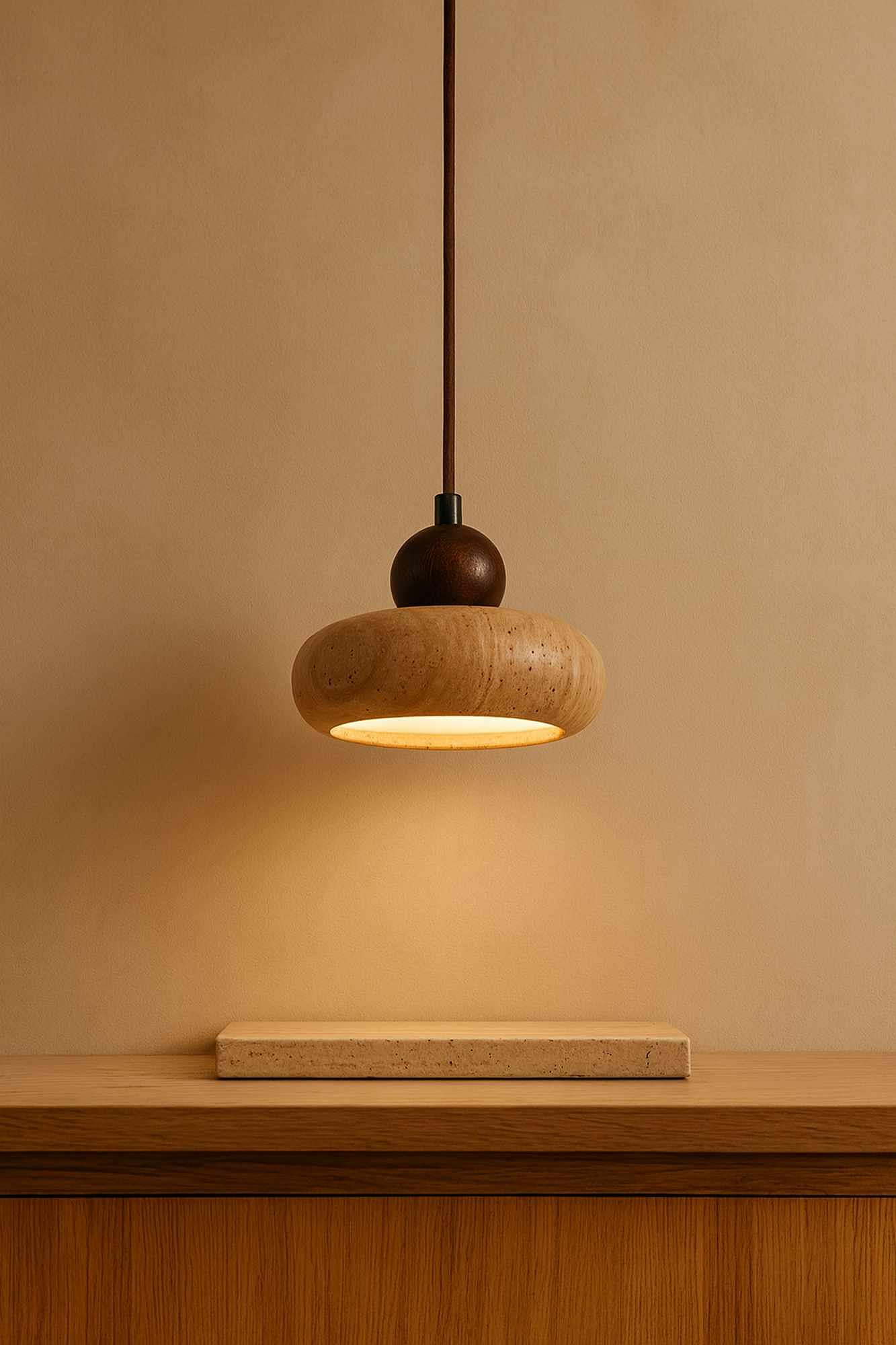Round Lampada a sospensione Legno di noce Travertino Marrone 0