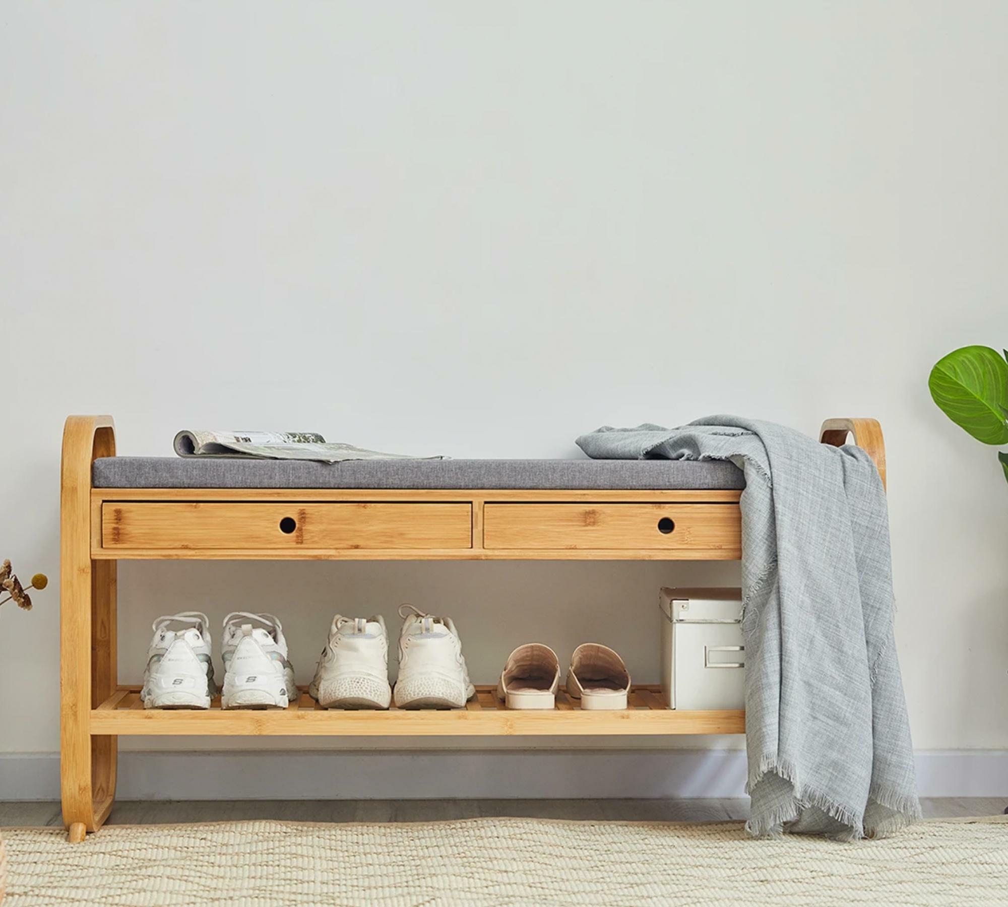 Garderobenbank Massivholz Bambus Bezug Grau 4