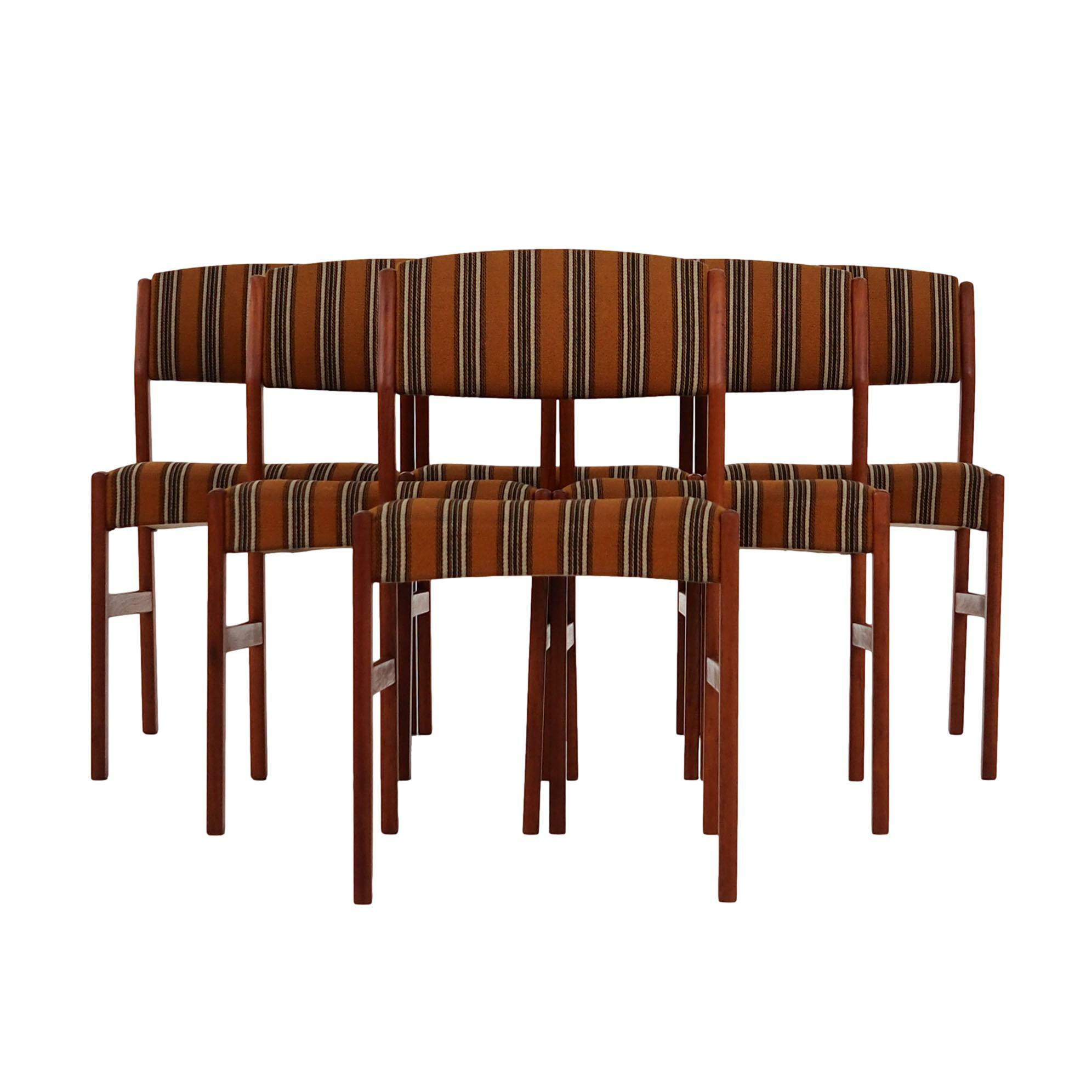 6x Vintage Chair Teak Wood Textile Brown 1970s 0