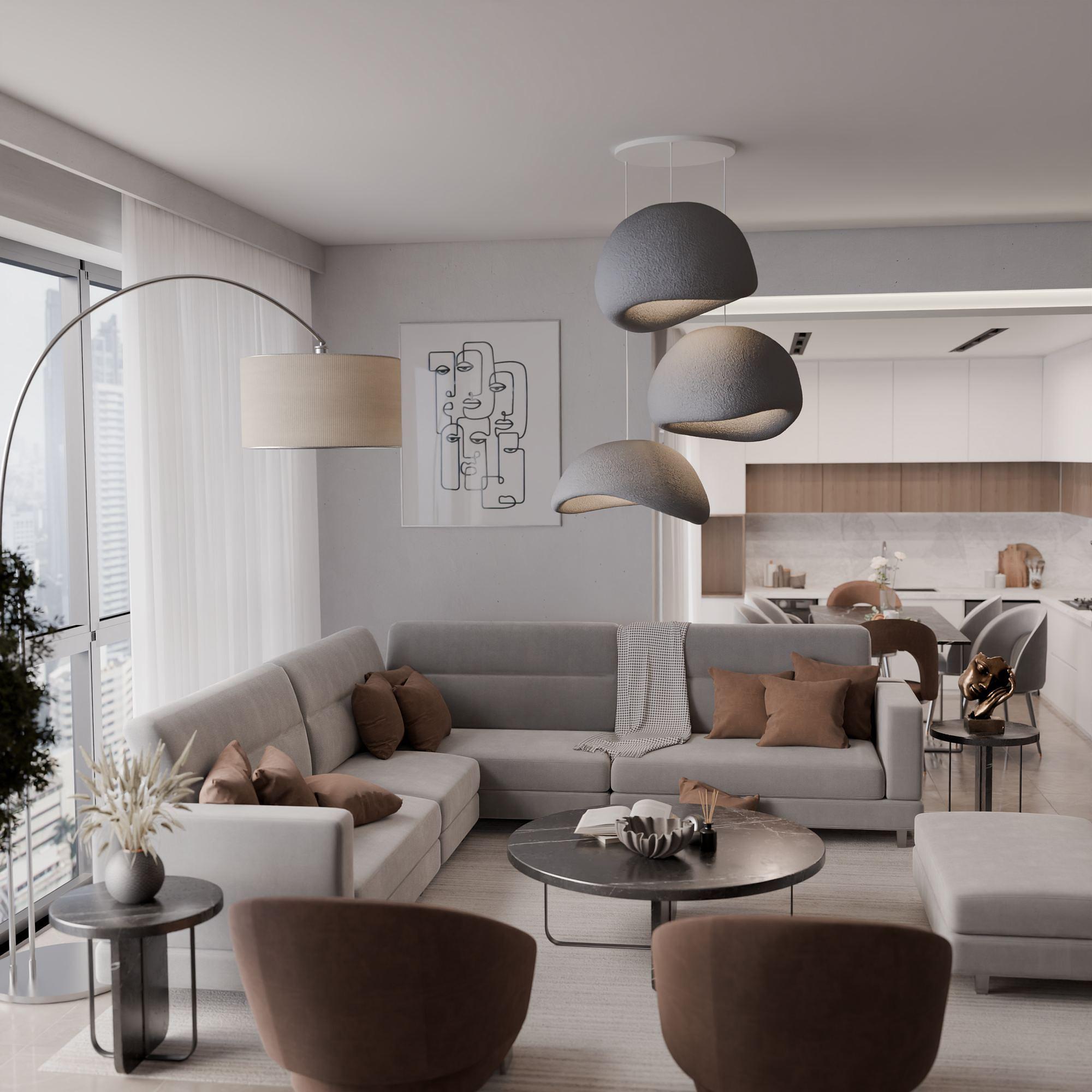 3-Flammig Wabi Sabi Kanso Beams Pendelleuchte Beton Grau 4