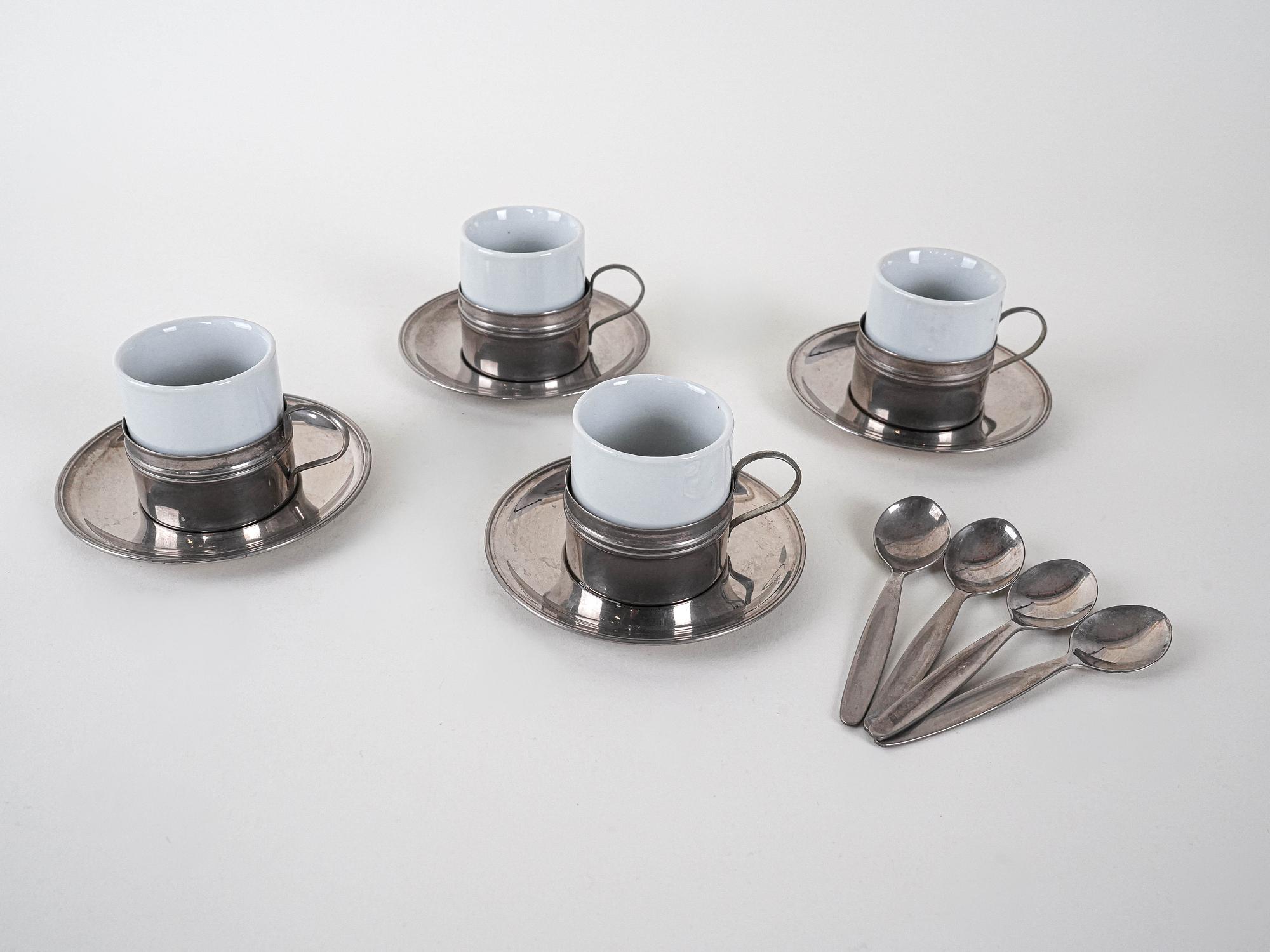 Espressotassen-Set Porzellan Silber Weiß 1980er Jahre 5