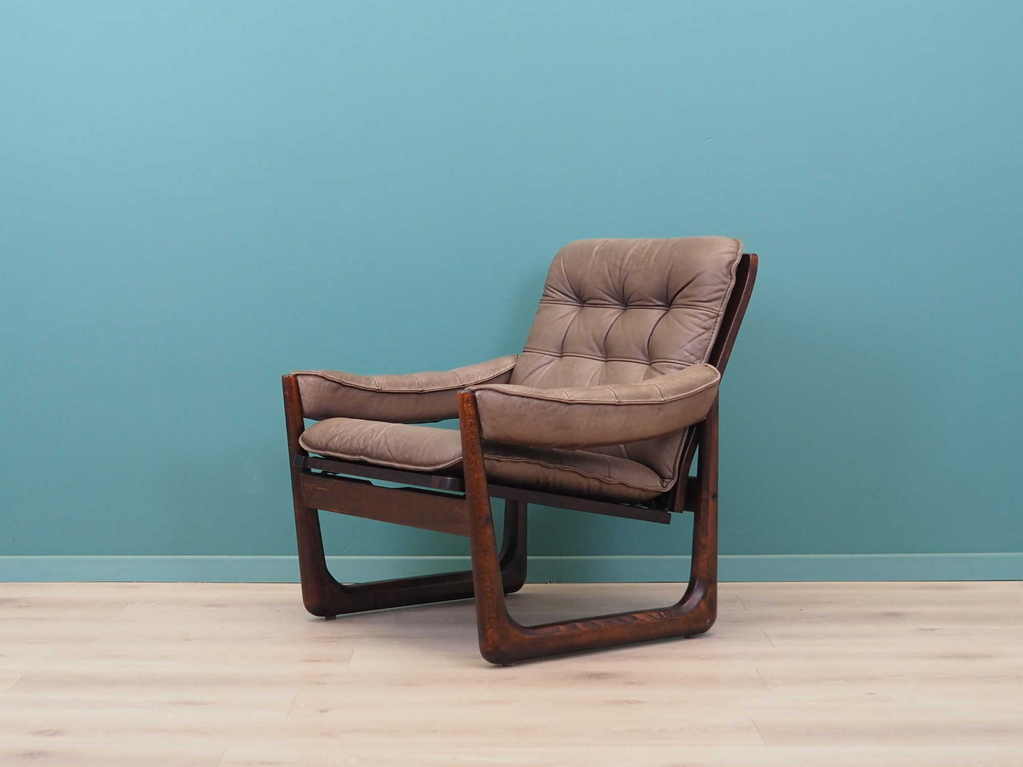 Vintage armchair leather wood brown 1960s 1