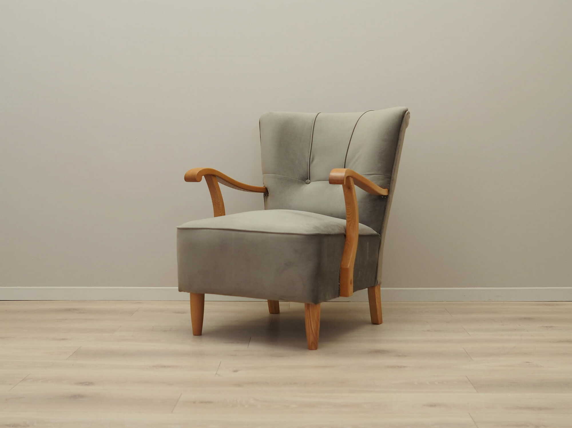Vintage Sessel Buchenholz Samt Grau 1960er Jahre 1