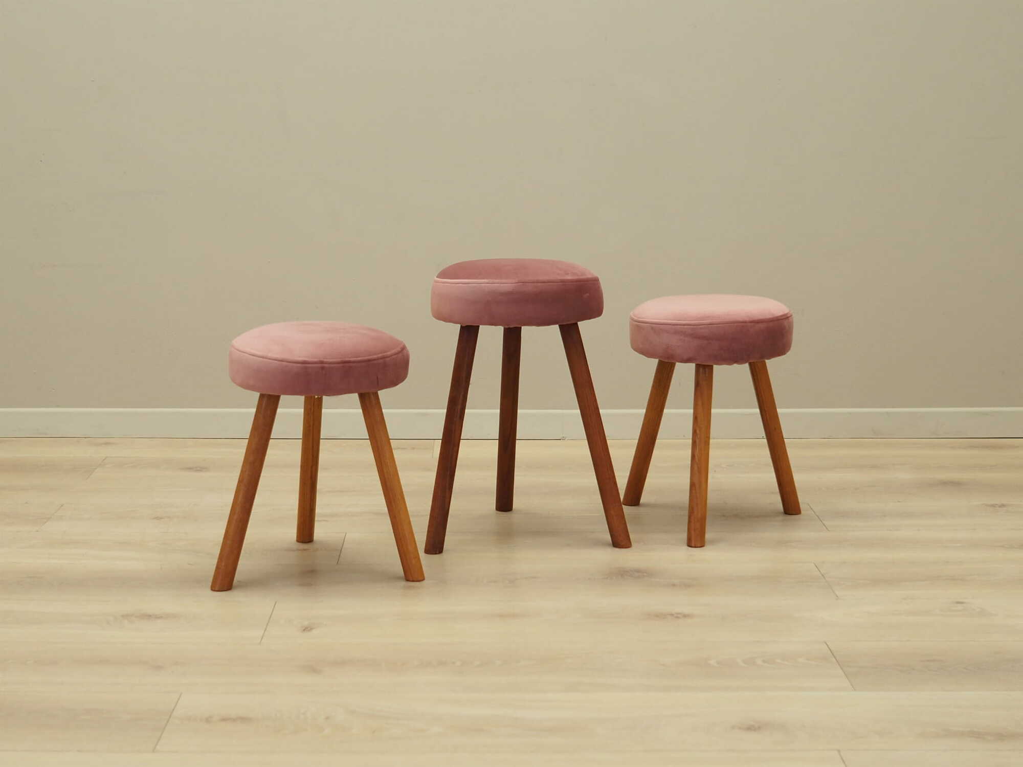 3x Vintage Stools Wood Velvet Pink 1960s 1
