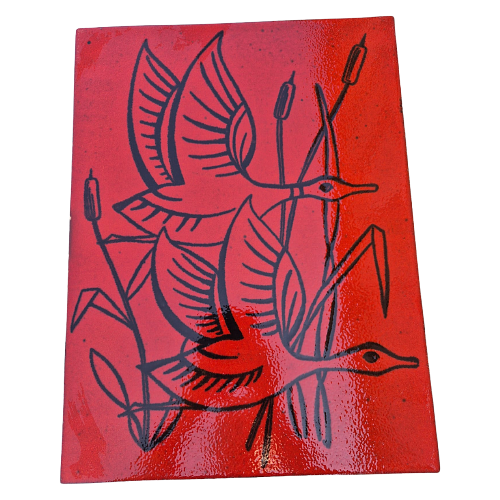 Vintage Wandfliese Keramik Ente Rot Schwarz 0