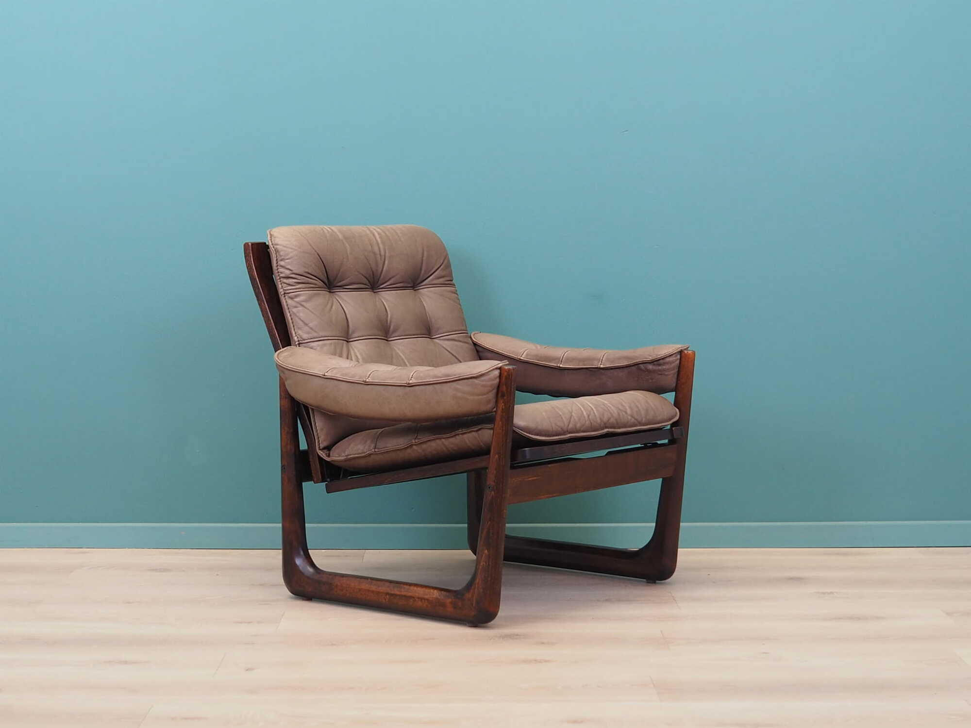 Vintage armchair leather wood brown 1960s 5